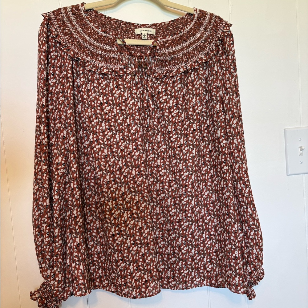 Max Studio Rust Floral Smocked-Neck Blouse